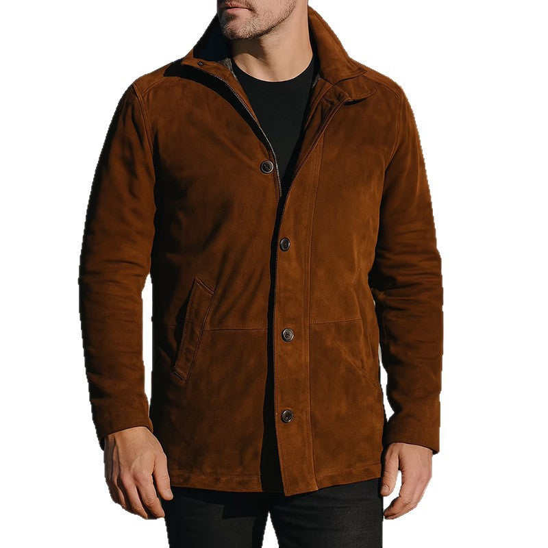 Mens Retro Suede Single-Breasted Lapel Jacket Coat
