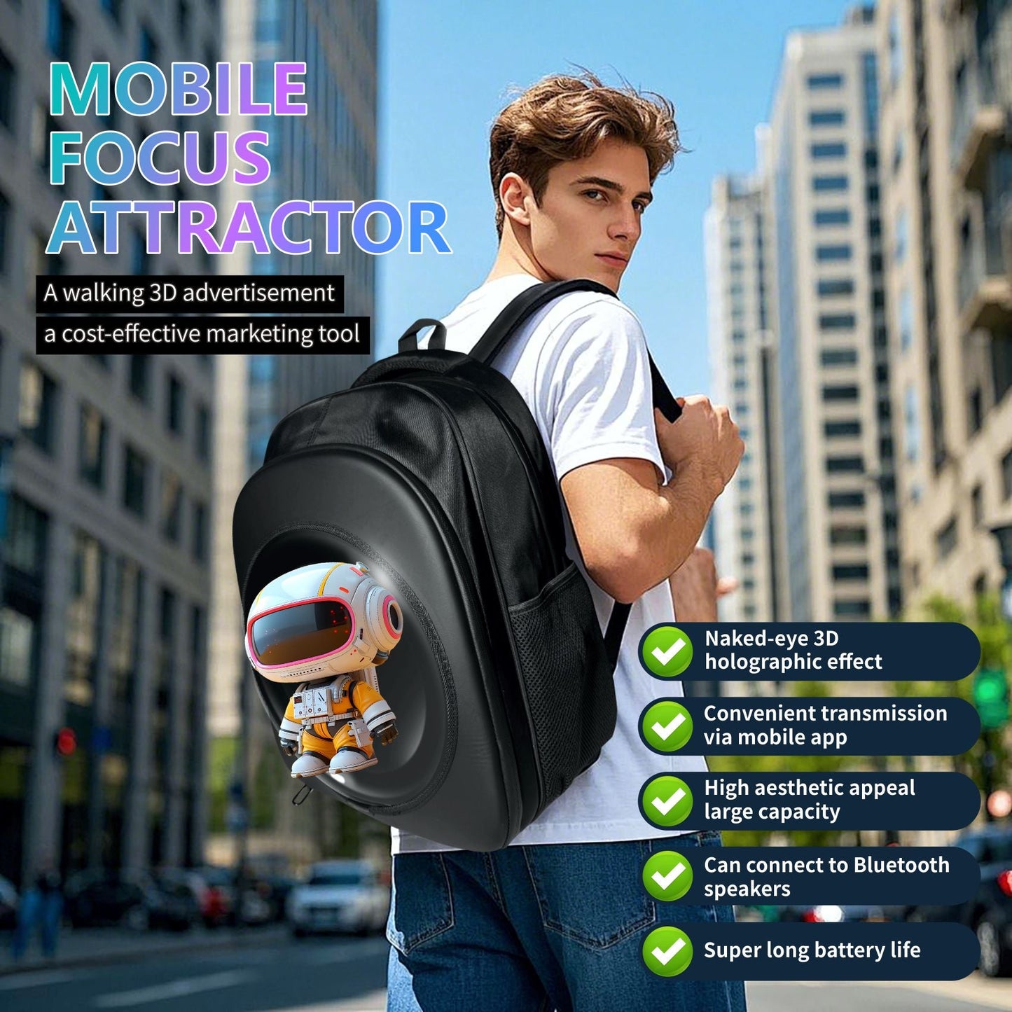 Wiilala Cross-border 3D Holographic Backpack Mobile Outdoor Advertising Display Stereoscopic Projection 3D Holographic Backpack, Supports Content Replacement Via Mobile AppSupports 5V3A Power Bank