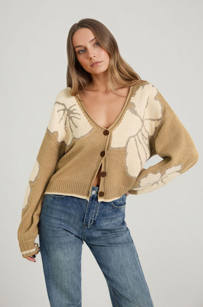 Womens Loose-fit Jacquard Color-block Knitted Cardigan Top