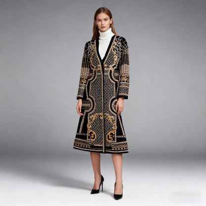 Womens Long Suit-Style Trench Coat With Floral Print And Beading