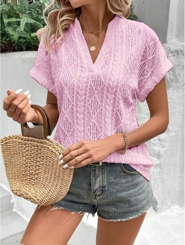 European And American Cross-Border Summer New Casual Hollow Jacquard V-Neck Loose Short-Sleeved Shirt For Women