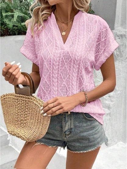 European And American Cross-Border Summer New Casual Hollow Jacquard V-Neck Loose Short-Sleeved Shirt For Women