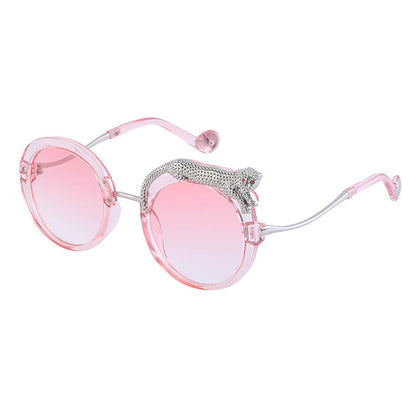 New Anti-Blue Light Glasses For Women With Leopard Head And Diamond Embellishments, European And American Style Round Frame Sunglasses, Trendy Large Frame Sun Protection Sunglasses With A High-End Fee