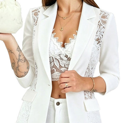 Spring New Elegant Solid-Color Fashionable Lace-Sleeve Patchwork Petite Blazer For Women