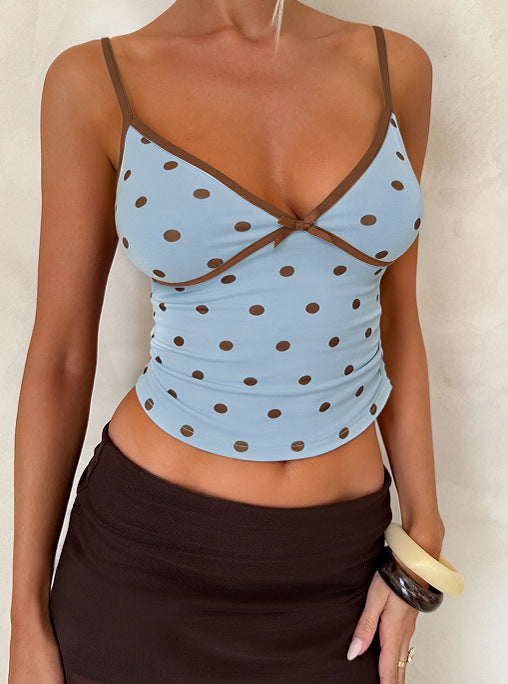 Lace Bow-Embellished Seam-Spliced Petite Sexy V-Neck Colorblock Vest