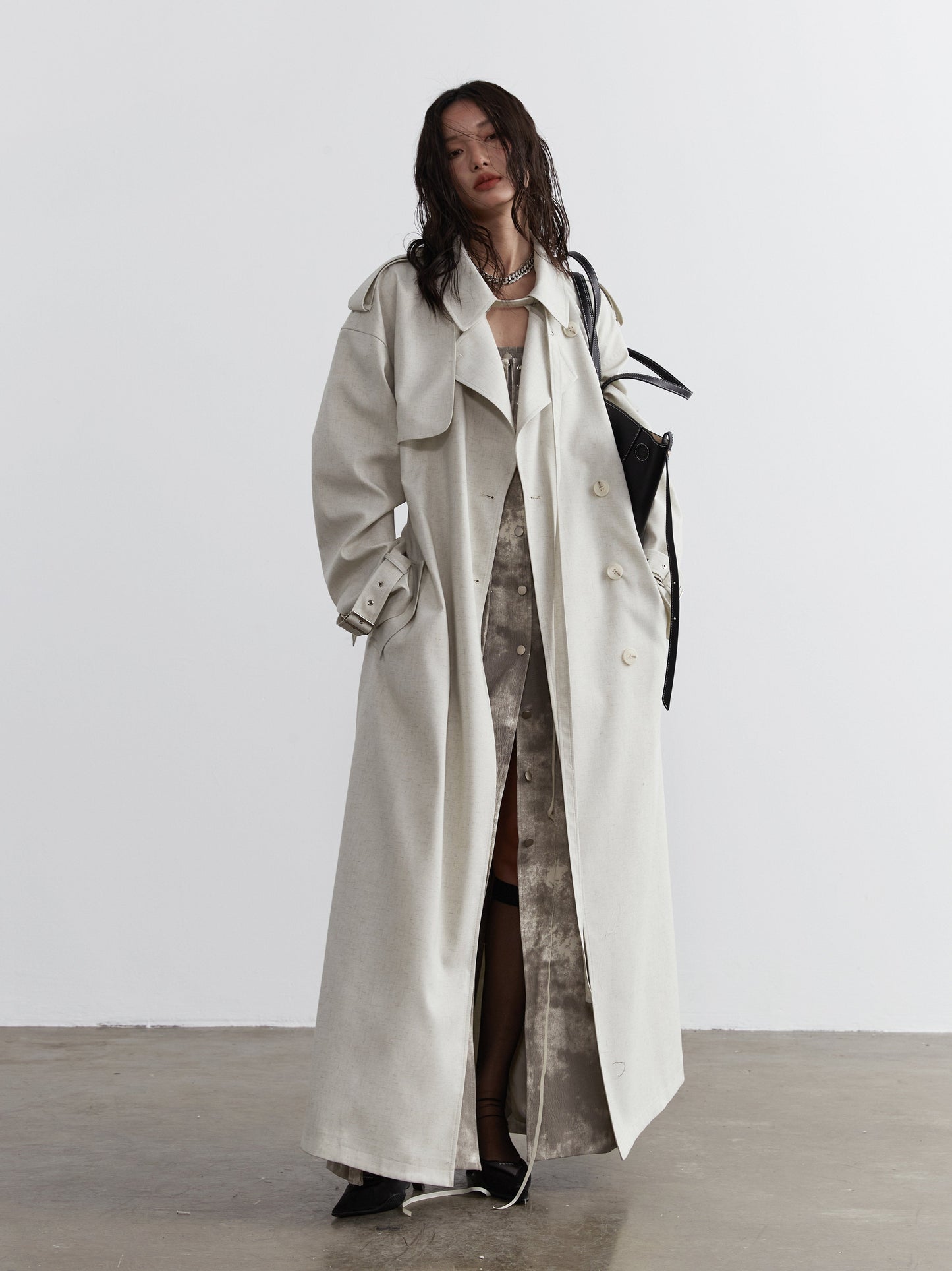 Lime-white Bandage-decorated Unisex Long Trench Coat