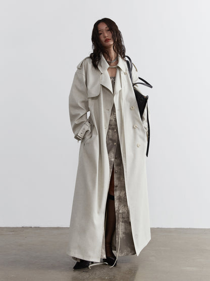 Lime-white Bandage-decorated Unisex Long Trench Coat