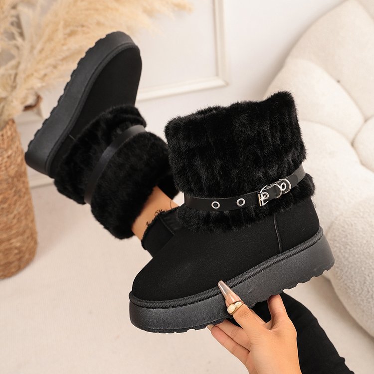 Women's Furry Strap Buckle Retro Warm Snow Boots, New 2025 Winter Platform Fleece Lined Thick Non-Slip Cotton Shoes