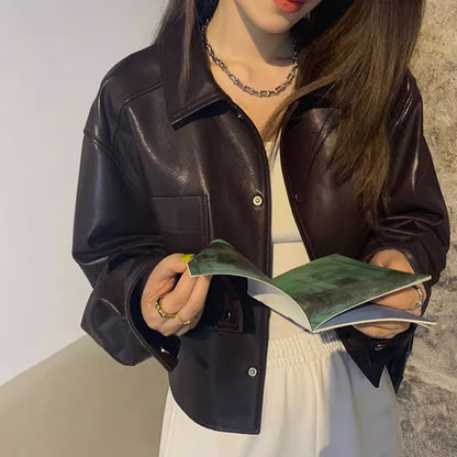 Springautumn Short Leather Jacket For Petite Individuals
