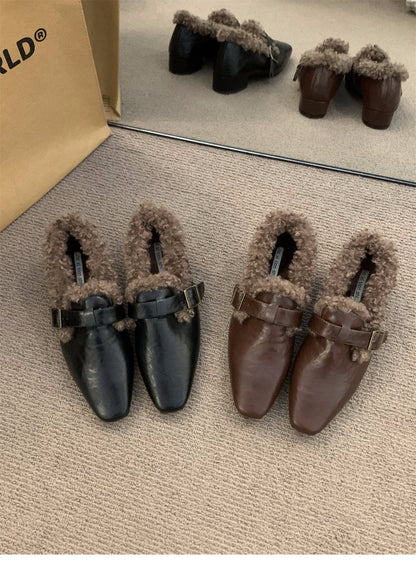 Block Heel Mary Jane Women Shoes Fleece Lined Pumps 2025 Autumn Winter New Warm Deep Mouth Shoes Furry Shoes Outdoor Cotton Shoes