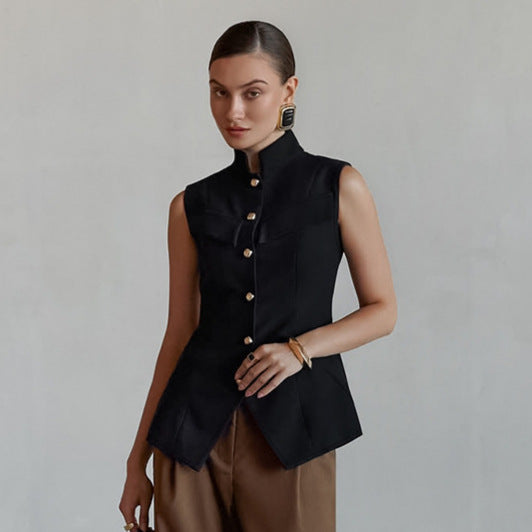 Designer-style Small Stand-up Collar Buttoned Sleeveless Vest