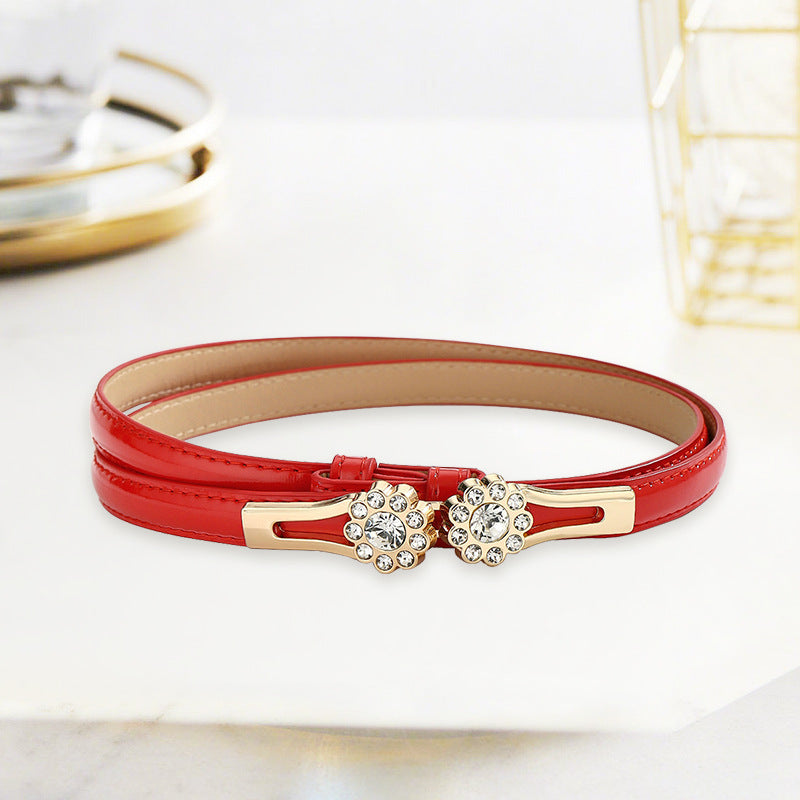 Adjustable Rhinestone Flower Thin Belt For Women Decorative