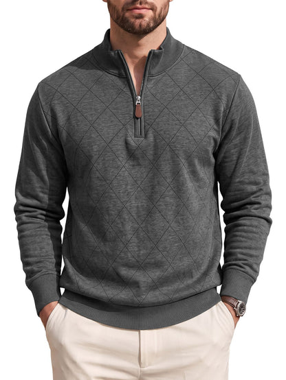 Mens Diamond-Check Half-Zip Long-Sleeve Casual Sweatshirt