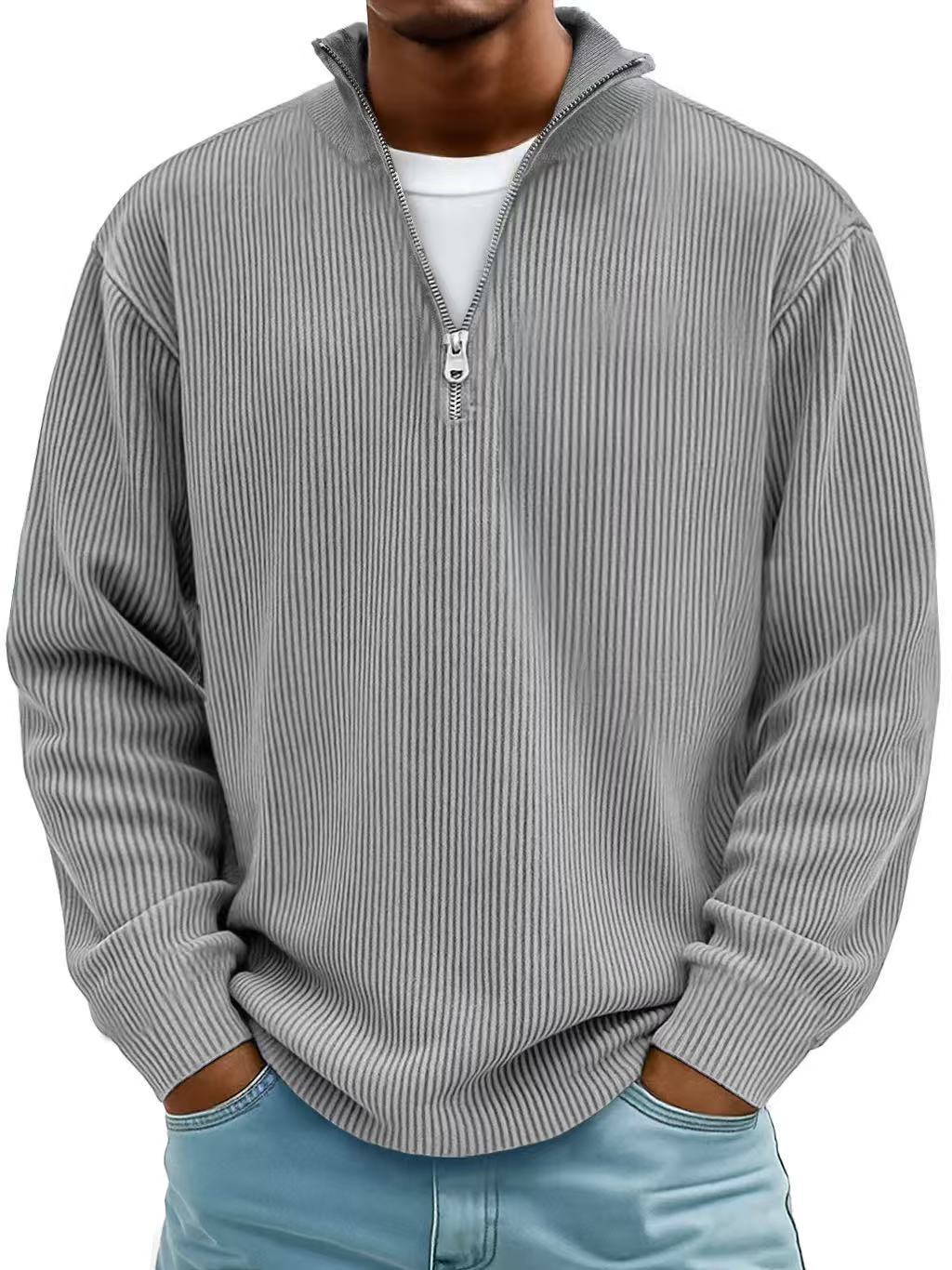 Autumn And Winter New Men's Casual Stand-Up Collar Zipper Corduroy Long-Sleeved Men's Polo Shirt Sweatshirt