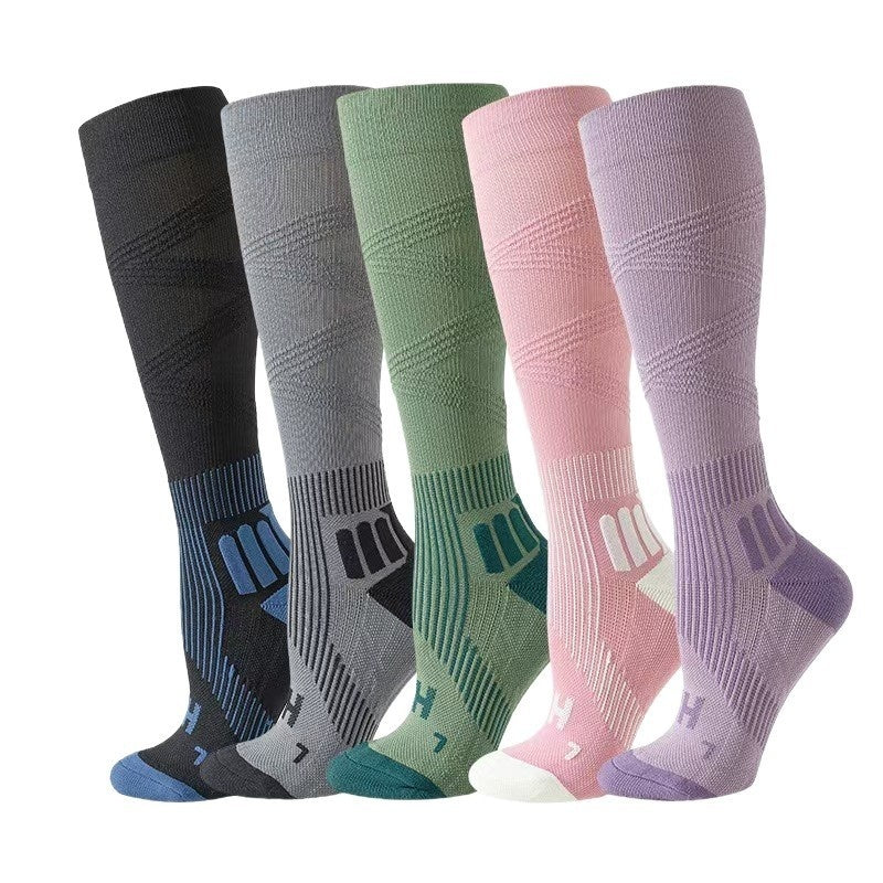 Womens Solid-color Compression Sock Four-season Terry-lined Thickened And Color-blocked