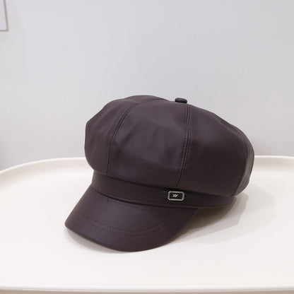 Fashionable Retro Matte PU Solid-color Newsboy Hat With Metal Label And Soft Leather Pumpkin Hat For Autumn Winter, Classic British Style, Versatile For All Occasions