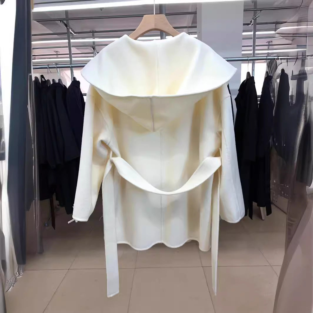 Womens Hooded Loose-fit Double-faced Cashmere Coat