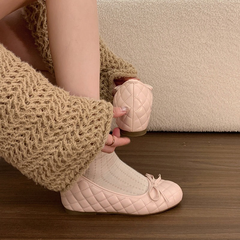 2026 Summer New Arrival Women's French Style Quilted Low Vamp Flats Hidden Heel Mary Janes Bow Soft Sole Commuter Shoe