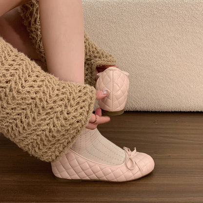 2026 Summer New Arrival Women's French Style Quilted Low Vamp Flats Hidden Heel Mary Janes Bow Soft Sole Commuter Shoe