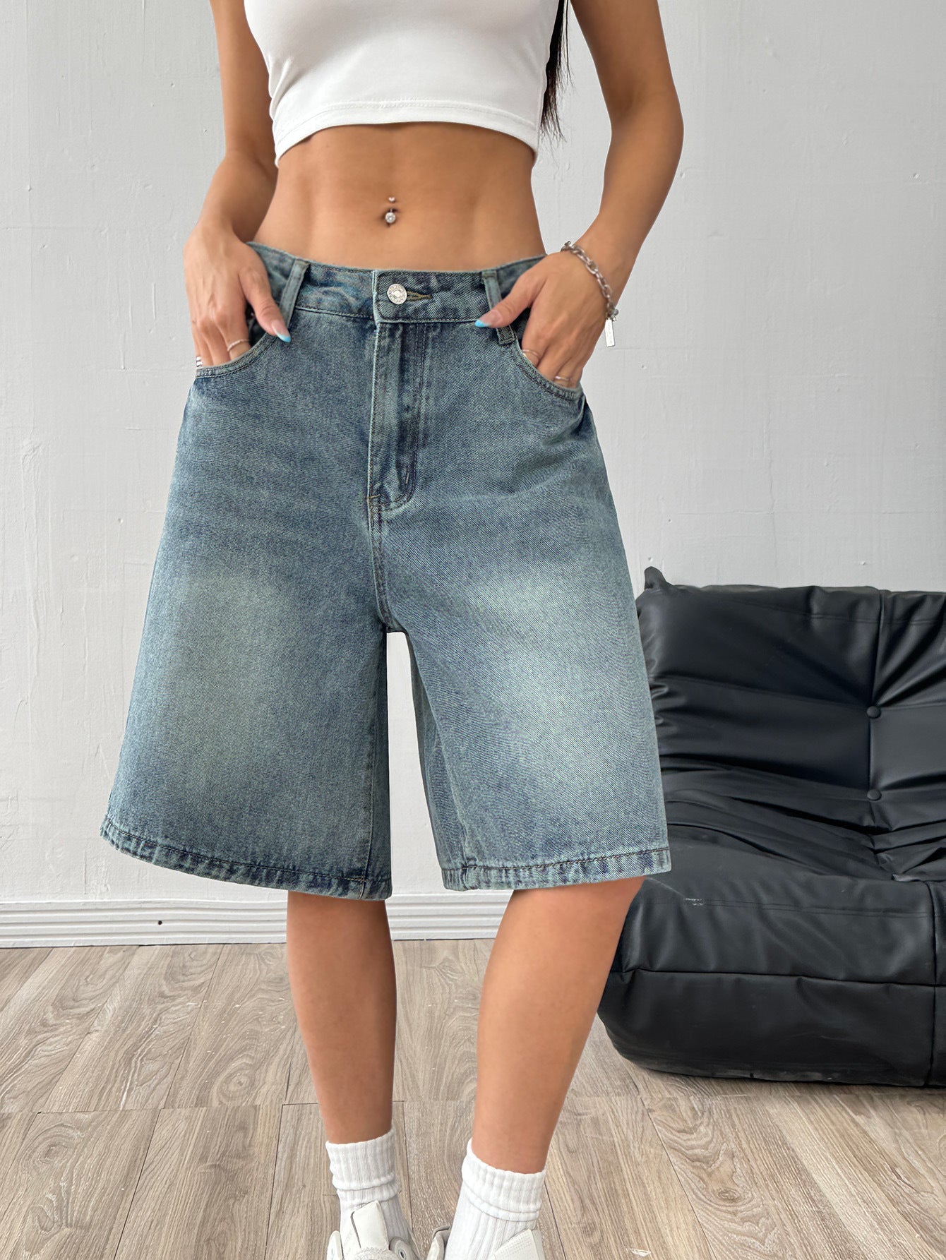 Womens Loose-Fit Casual Wide-Leg Denim Shorts