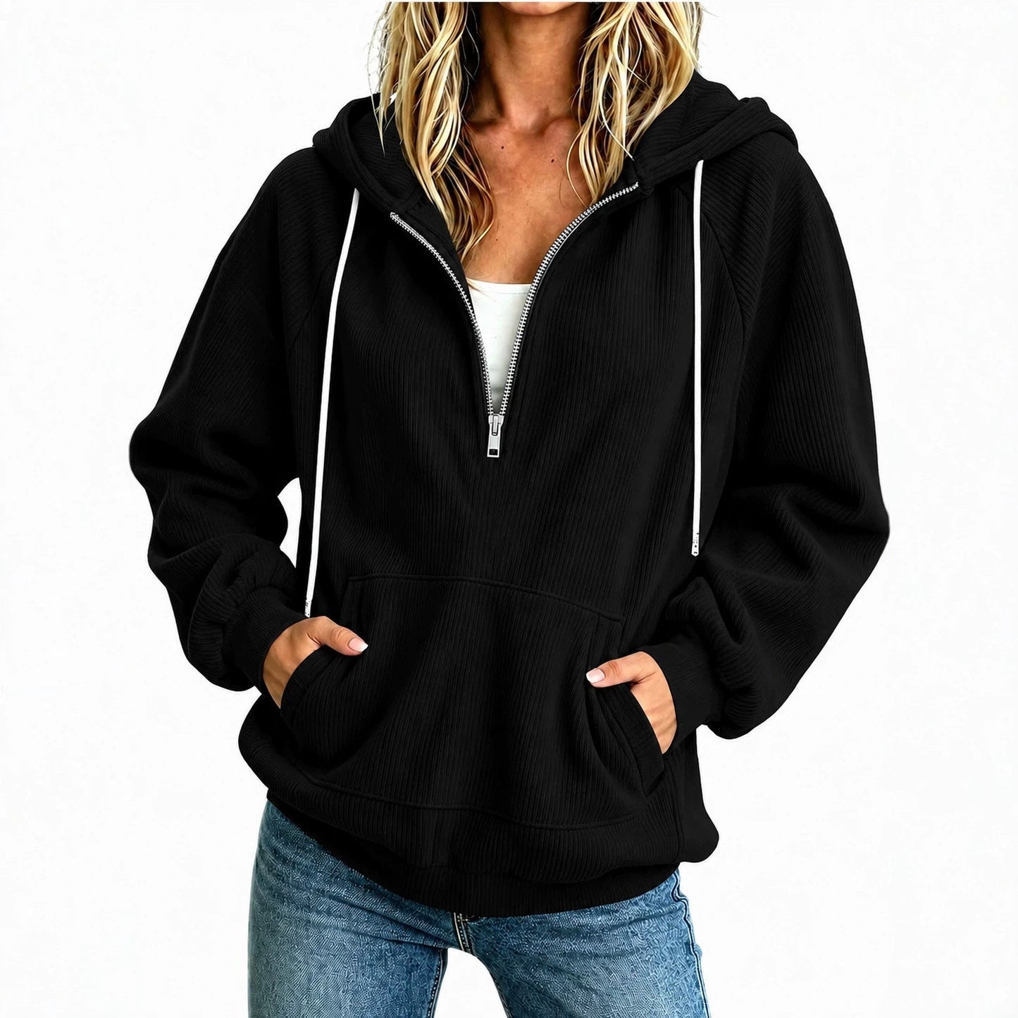 Womens Loose-fit Long-sleeve Half-zip Hooded Sweatshirt