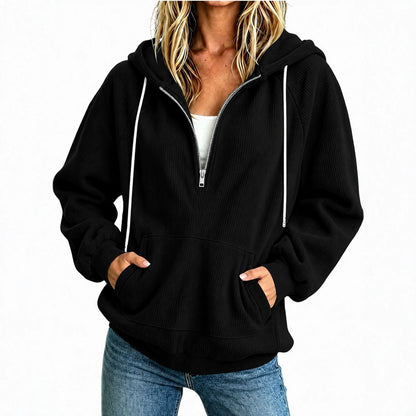 Womens Loose-fit Long-sleeve Half-zip Hooded Sweatshirt