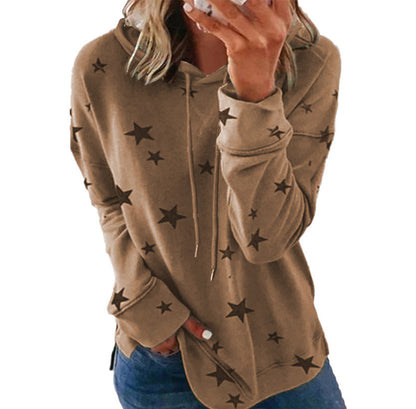 Women's Star Print Drawstring Hoodie, Long Sleeve Side Slit Casual Hooded Sweatshirt With Pockets