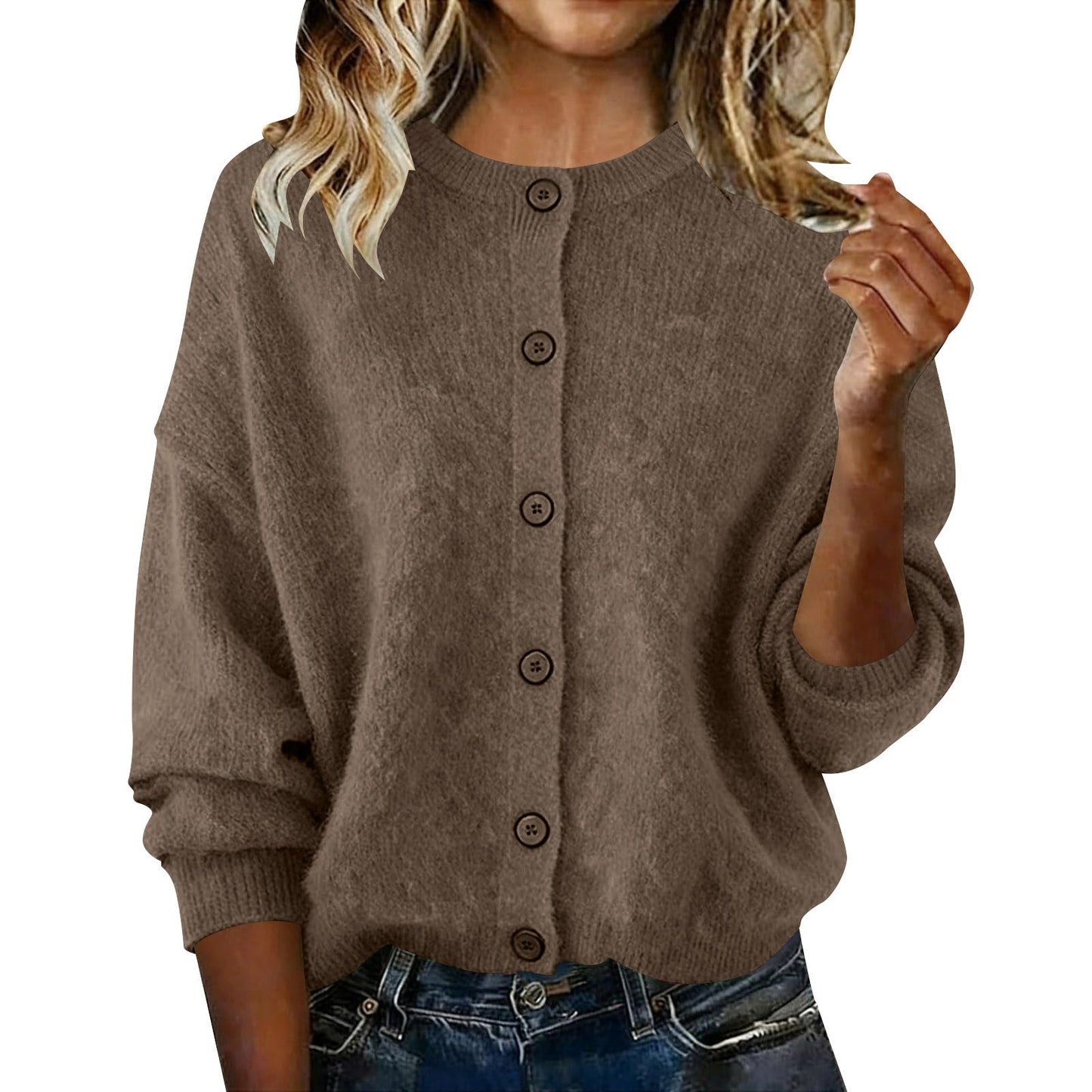 2025 European And American Cross-Border Autumn And Winter Women's Knitted Round Neck Long-Sleeved Pure Color Casual Fashion Knitted Cardigan