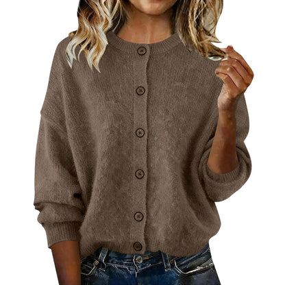 2025 European And American Cross-Border Autumn And Winter Women's Knitted Round Neck Long-Sleeved Pure Color Casual Fashion Knitted Cardigan