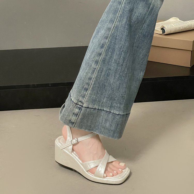 Women's Fashion Square Toe Satin Pattern Sandals, 2026 Summer Korean Style Wedge Thick Sole Slip-On Heightening Shoes For Petites
