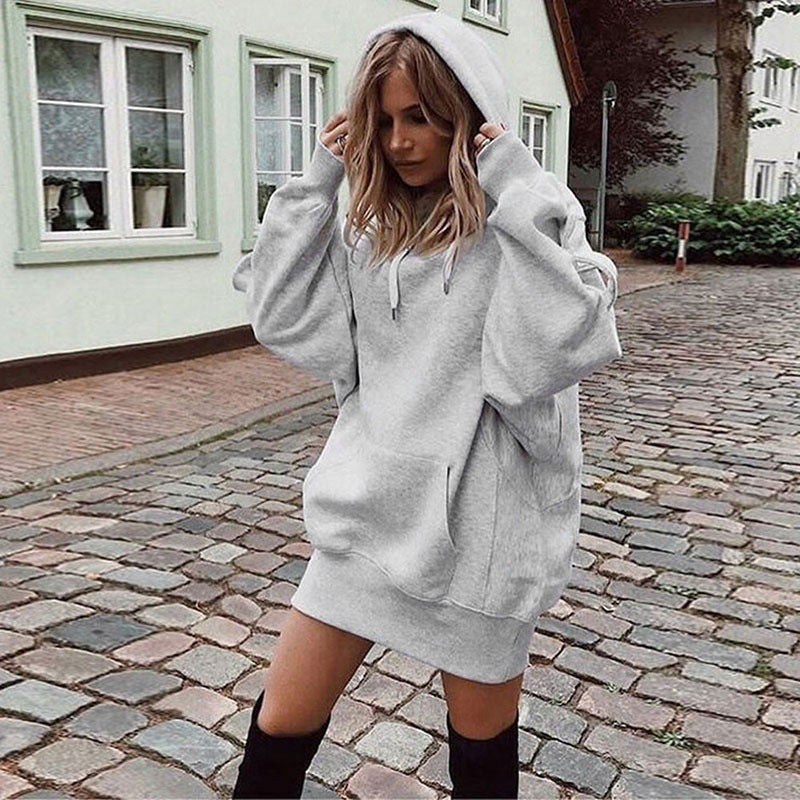 Women's Solid Color Pullover Hooded Loose Fleece Sweater