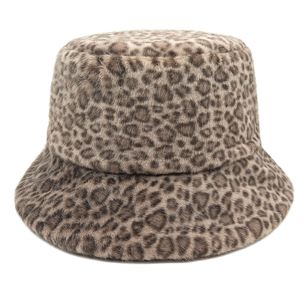 Trendy And Fashionable Leopard-print Boater Hat For Outdoor Use In Autumn And Winter, Featuring Multi-color Matching Plush Brim Hat