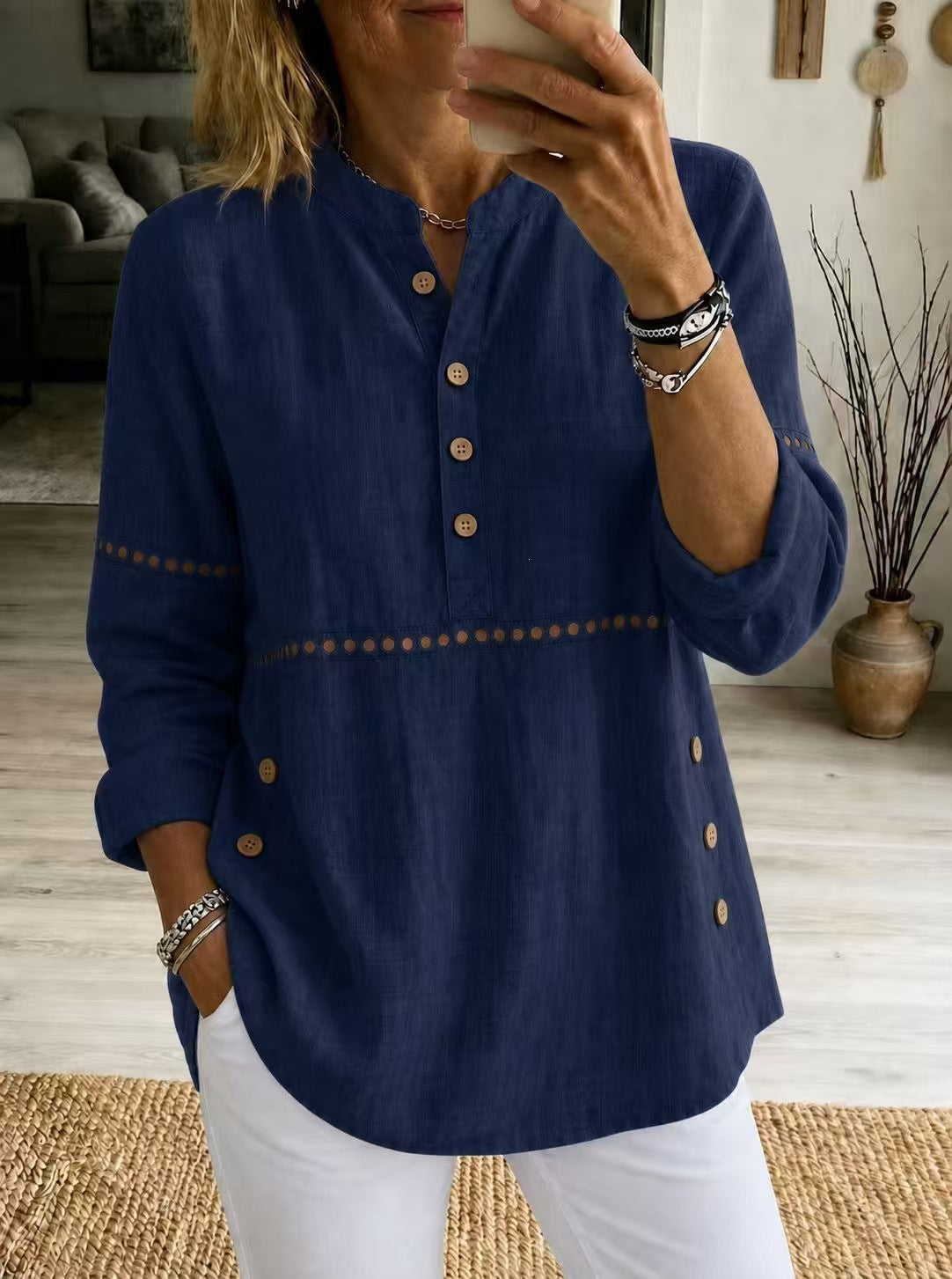 New Autumn And Winter Women's Clothing  Stand-up Collar Half-open Front Long-sleeved Top With Side Button Closure Loose Fit Casual Solid Color