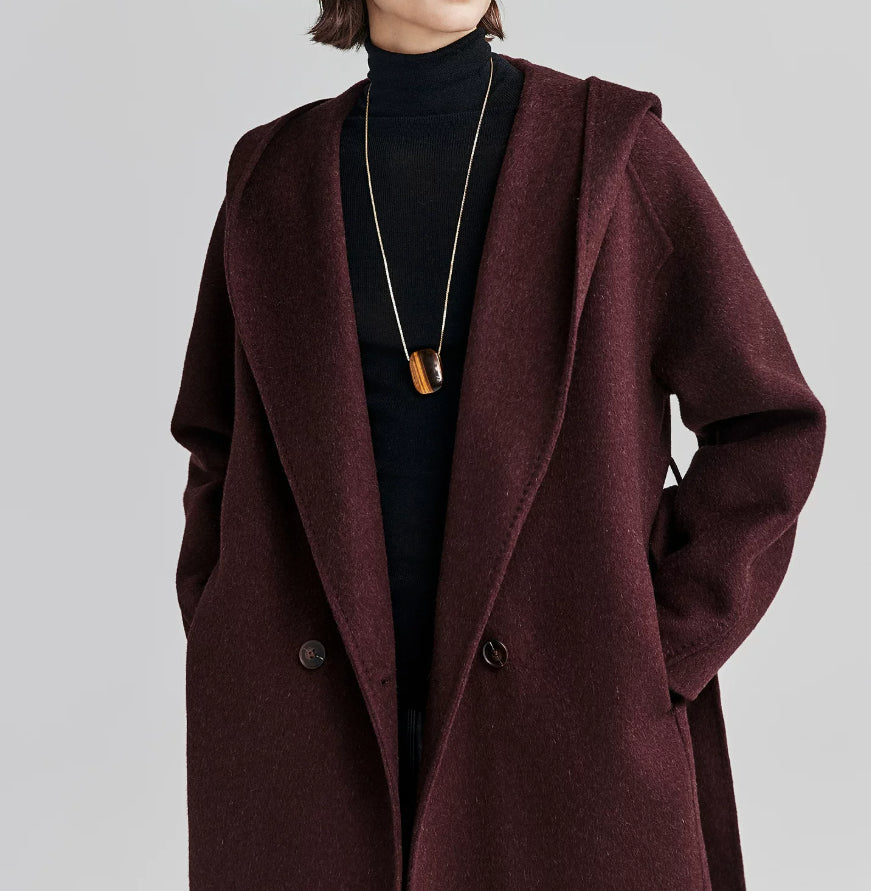 Hooded Oversized V-neck Cashmere Bathrobe Coat