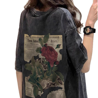 Cotton American-style Vintage Washed-and-faded Black Short-sleeve Shirt