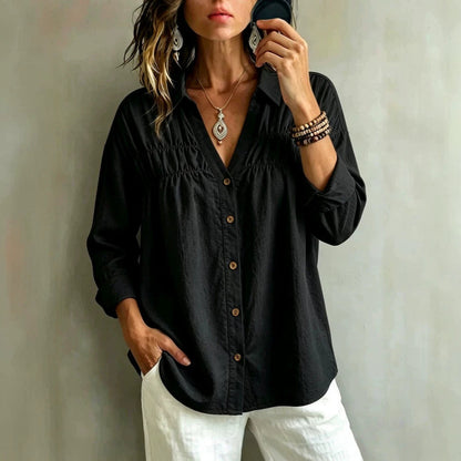 Loose-fit Casual Long-sleeve V-neck Womens Blouse With Buttons