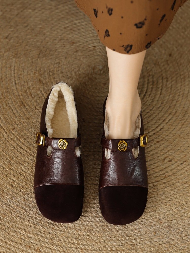 Women's Camellia Vintage Mary Janes, 2025 New Suede Finish, Round Toe Flat Pumps, Shallow Mouth Versatile Fleece Lined Warm Leather Shoes