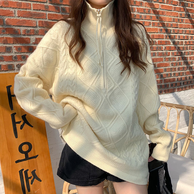 Womens Turtleneck Half-Zip Diamond-Pattern Pullover Sweater