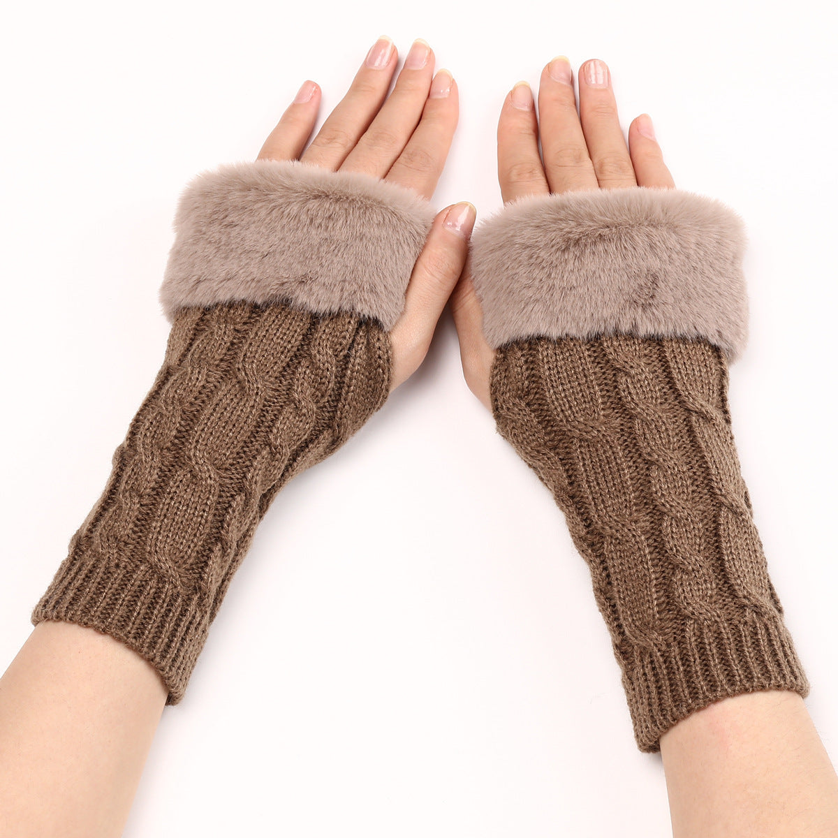 Women's Cable Knit Arm Warmers - Open End Half Finger Gloves with Wool Lining for Fall Winter Cold Weather