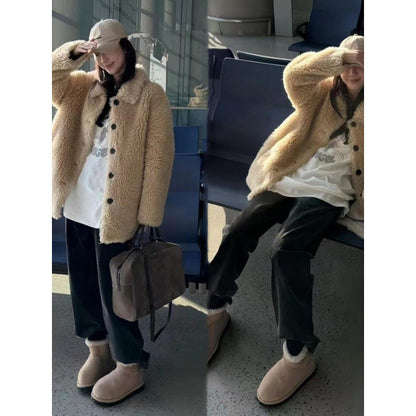 New Womens Wool Sheepskin Coat With A Lapel Collar