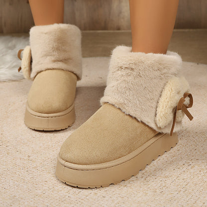 Winter New Fuzzy Snow Boots Short Shaft Bow Flatform Platform Fleece Lined Thickened Warm Niche Cotton Shoes