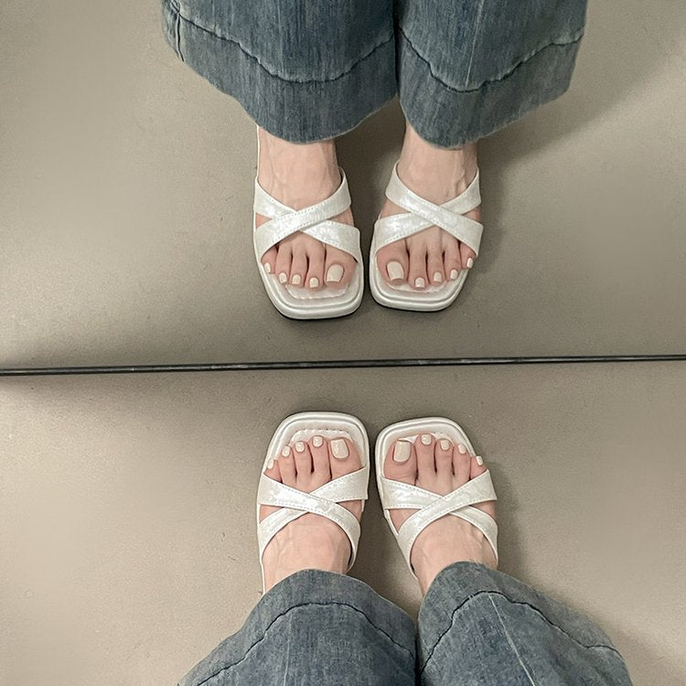 Women's Fashion Square Toe Satin Pattern Sandals, 2026 Summer Korean Style Wedge Thick Sole Slip-On Heightening Shoes For Petites
