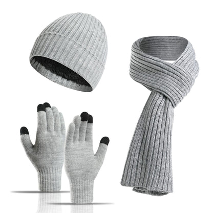 Winter Solid Color Knitted Scarf Hat Gloves Set
