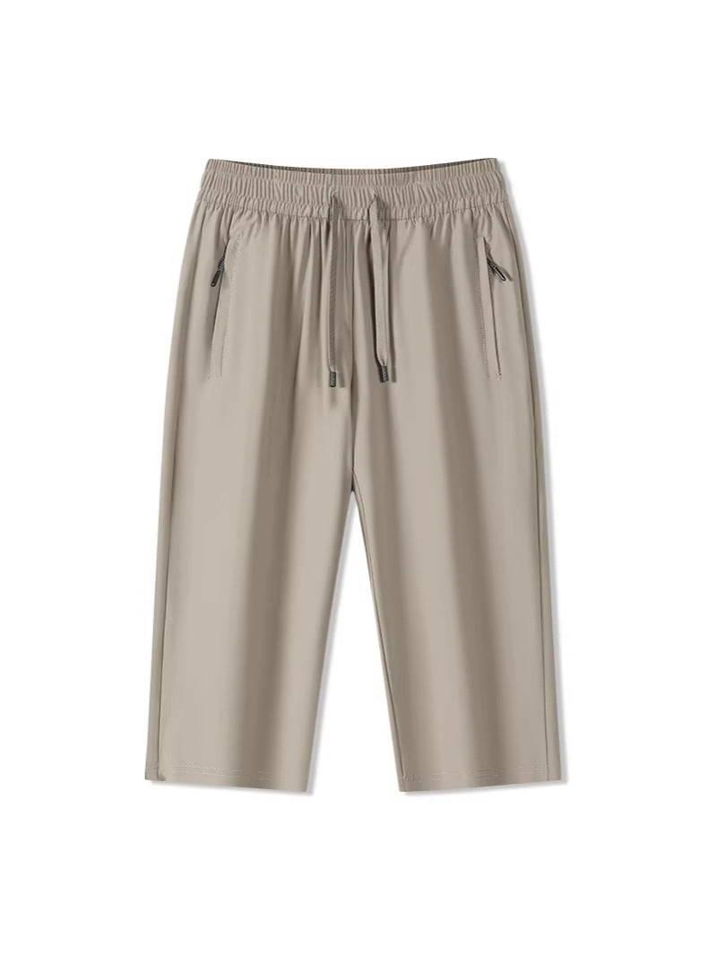 Solid Ice Silk Seven Length Casual Pants For Men Summer Cool Breathable Trousers 3 Zippered Pockets