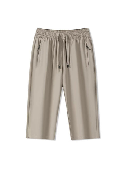 Solid Ice Silk Seven Length Casual Pants For Men Summer Cool Breathable Trousers 3 Zippered Pockets