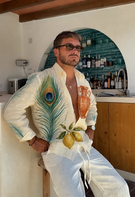 Peacock Feather & Lemon Print Oversized Shirt