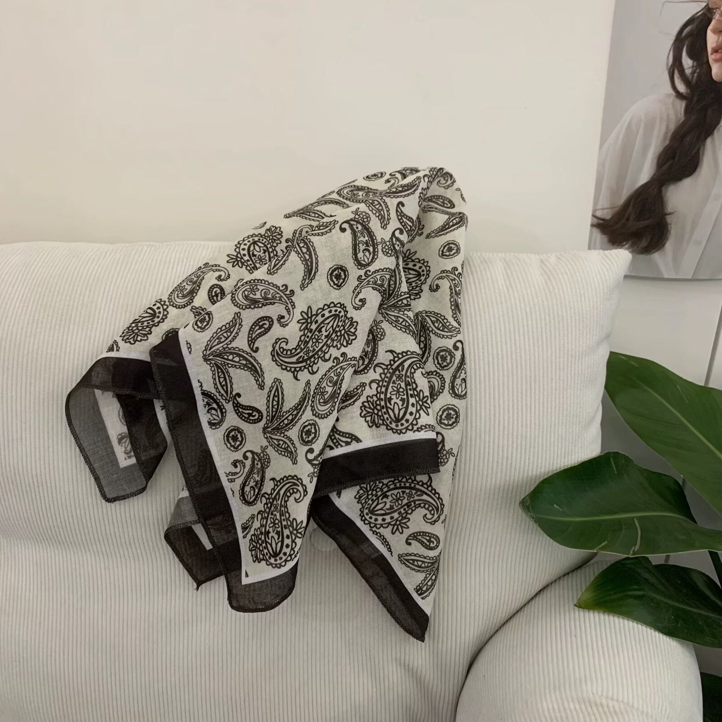 Korean-style Cashew Flower Cotton-Linen Square Scarf For Women