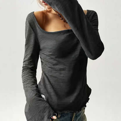 Wide-neck Long-sleeve Top Basic T-shirt