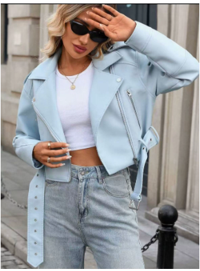 Vintage Lapel Slim-Fit Short PU Leather Jacket Womens Biker Jacket