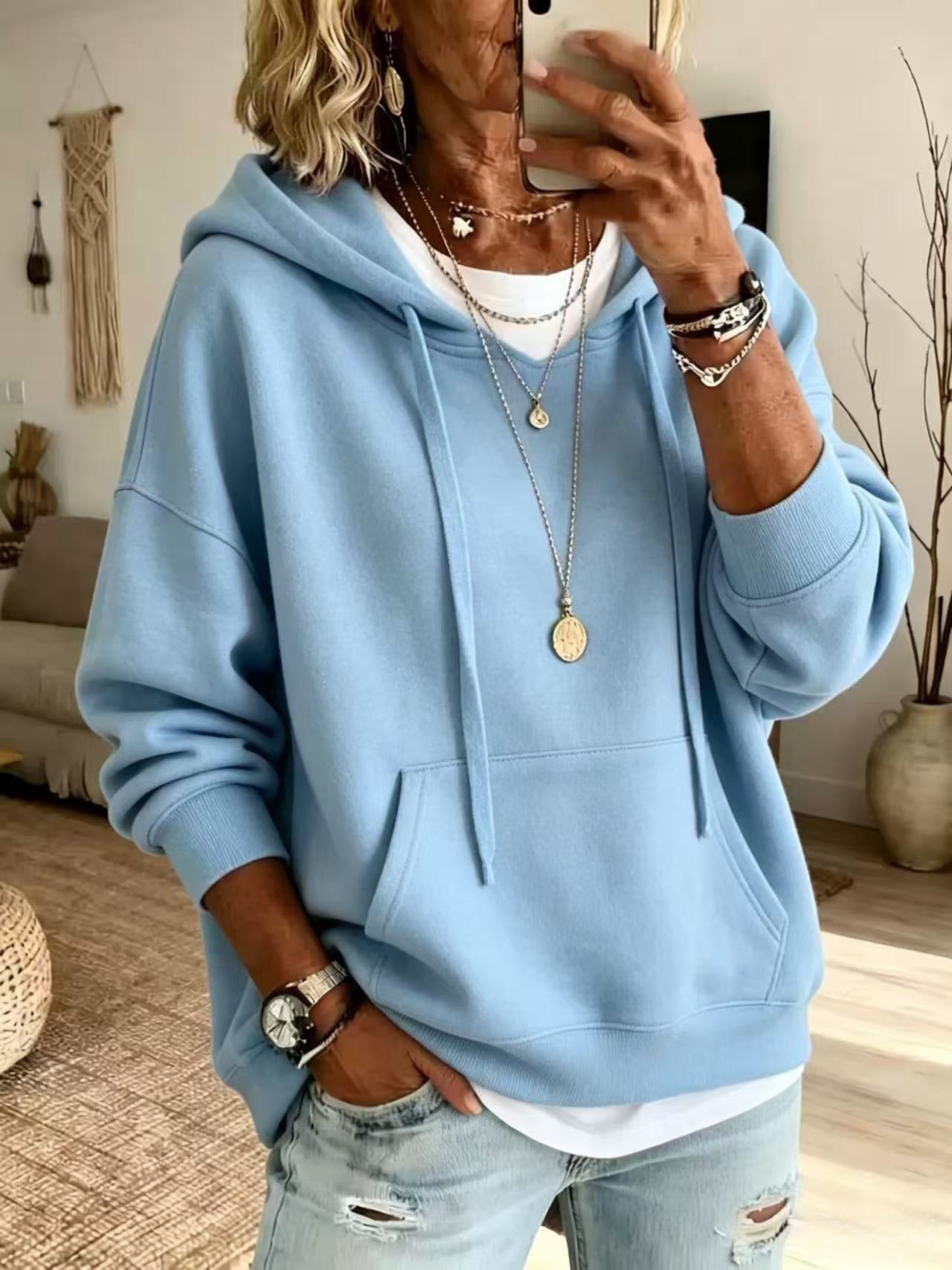 Women Casual Solid Pullover Hoodie Long Sleeve Drop Shoulder Sweatshirt With Drawstring & Kangaroo Pocket Loose Fit Tops